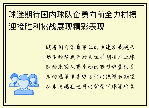 球迷期待国内球队奋勇向前全力拼搏迎接胜利挑战展现精彩表现