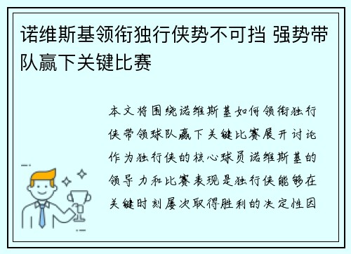 诺维斯基领衔独行侠势不可挡 强势带队赢下关键比赛