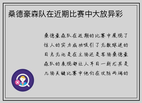 桑德豪森队在近期比赛中大放异彩