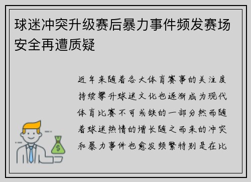 球迷冲突升级赛后暴力事件频发赛场安全再遭质疑